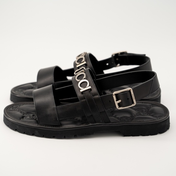 size 11G 11.5 US Gucci Leather Sandals Black Silver Logo Strap Buckle main image 8